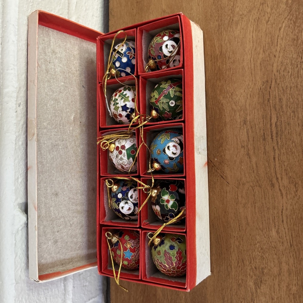 Vintage Cloisonné Christmas Ornament Ball Enamel Lot 10 With Boxes 1.25 in
